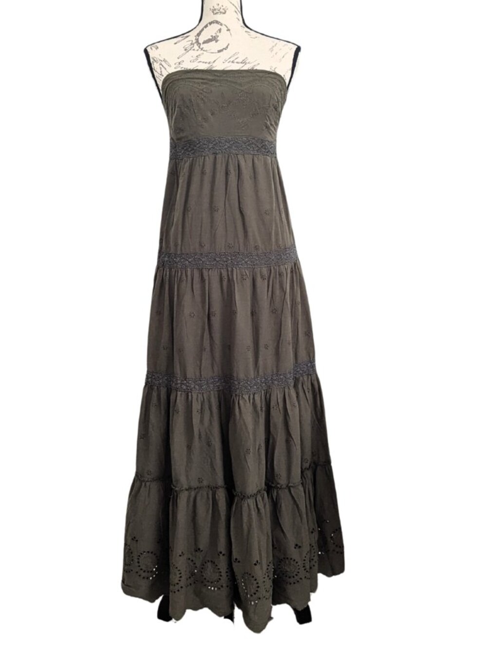 Charlotte Russe Olive Strapless Boho Eyelet Tiered Maxi Dress M Cotton - Picture 2 of 10